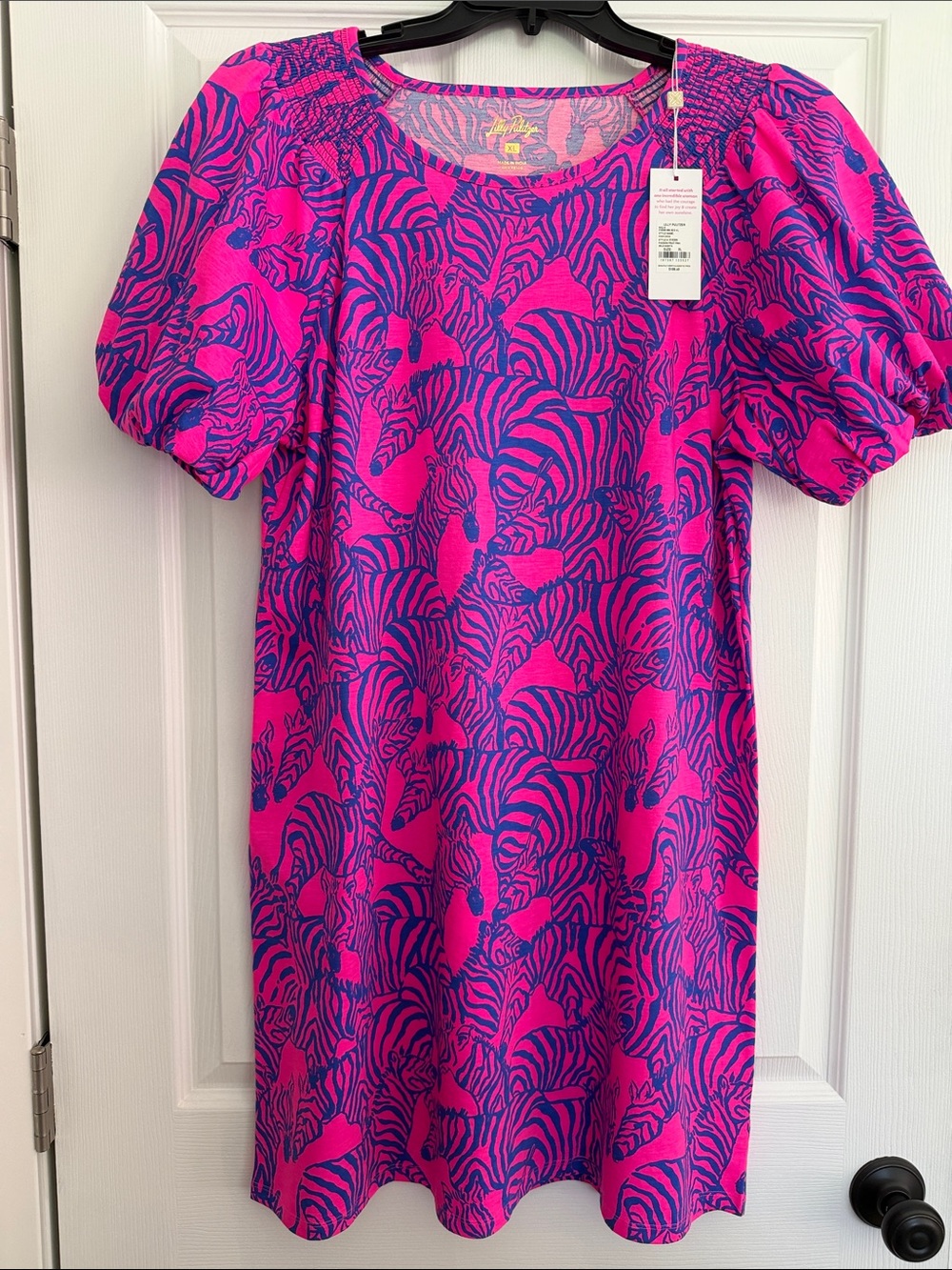 Women’s Pink & Blue Zebra Print Puff Sleeve Dress